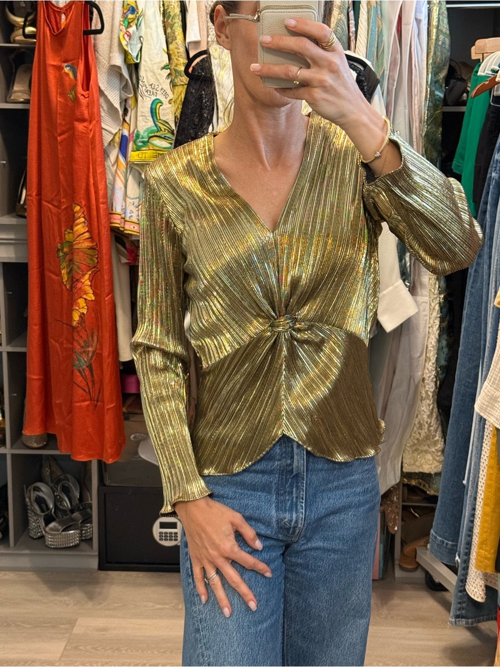 Vintage Metallic Gold Twist-Front Long-Sleeve Top